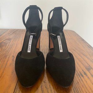 MANOLO BLAHNIK Ankle Wrap Block Heels Sandals